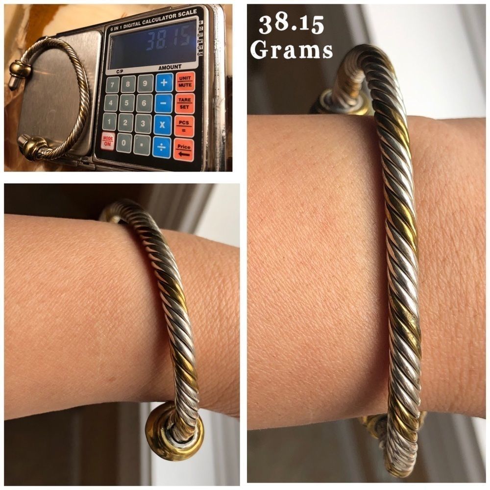 925/Brass Twisted Rope Design Lapis Cuff Bangle - Picture 3 of 8